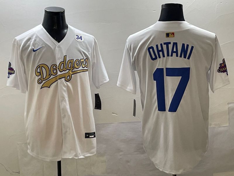 Men Los Angeles Dodgers 17 Ohtani White Champion gold character 2025 Nike MLB Jersey style 33112